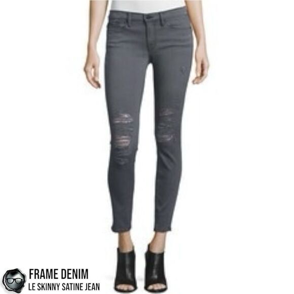 FRAME DENIM LE SKINNY SATINE DESTROYED JEANS IN GREY’S INN DARK GREY SIZE 27 - Picture 11 of 13